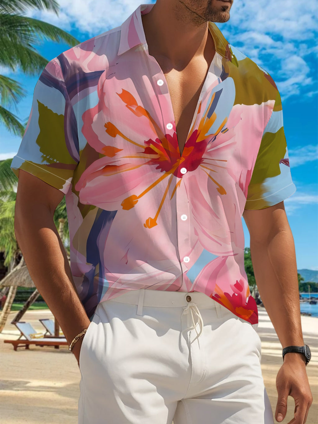 New Men's Casual Short-Sleeve Shirt with Pink Floral Branches, Oil-Paint Style Spring Scenery, Versatile for Holiday Parties and Commuting, Machine-Washable Polyester Fiber Fabric, Lightweight for Summer, Suitable for Casual Wear, Outdoor Activities