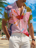 New Men's Casual Short-Sleeve Shirt with Pink Floral Branches, Oil-Paint Style Spring Scenery, Versatile for Holiday Parties and Commuting, Machine-Washable Polyester Fiber Fabric, Lightweight for Summer, Suitable for Casual Wear, Outdoor Activities