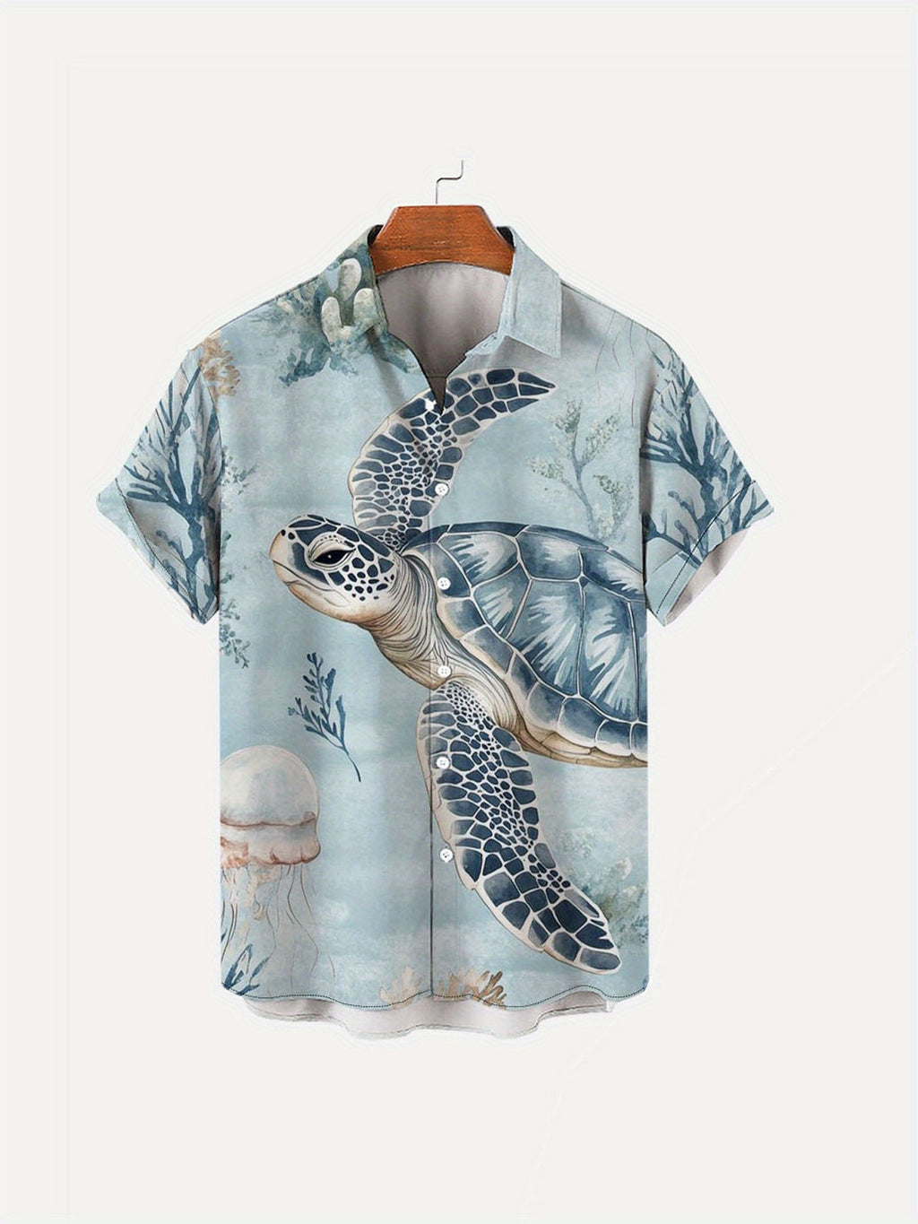 New Men's Simple Hawaiian Jellyfish and Sea Turtle Print Button- Shirt - Lightweight, Summer Vacation and Resort Wear. Suitable for Daily Commutes, Casual Outings, Date Meetings, Friend Gatherings, and Shopping. Easily Handles All Scenarios and Meets