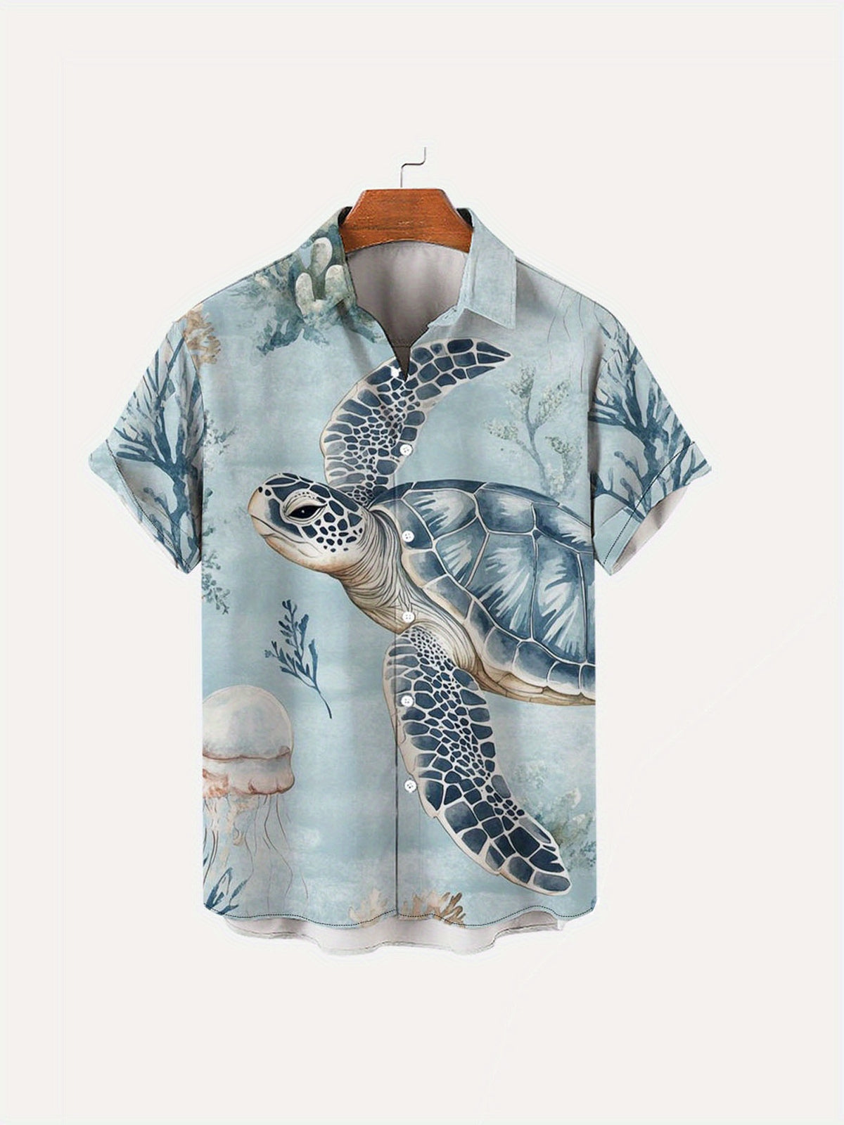 New Men's Simple Hawaiian Jellyfish and Sea Turtle Print Button- Shirt - Lightweight, Summer Vacation and Resort Wear. Suitable for Daily Commutes, Casual Outings, Date Meetings, Friend Gatherings, and Shopping. Easily Handles All Scenarios and Meets