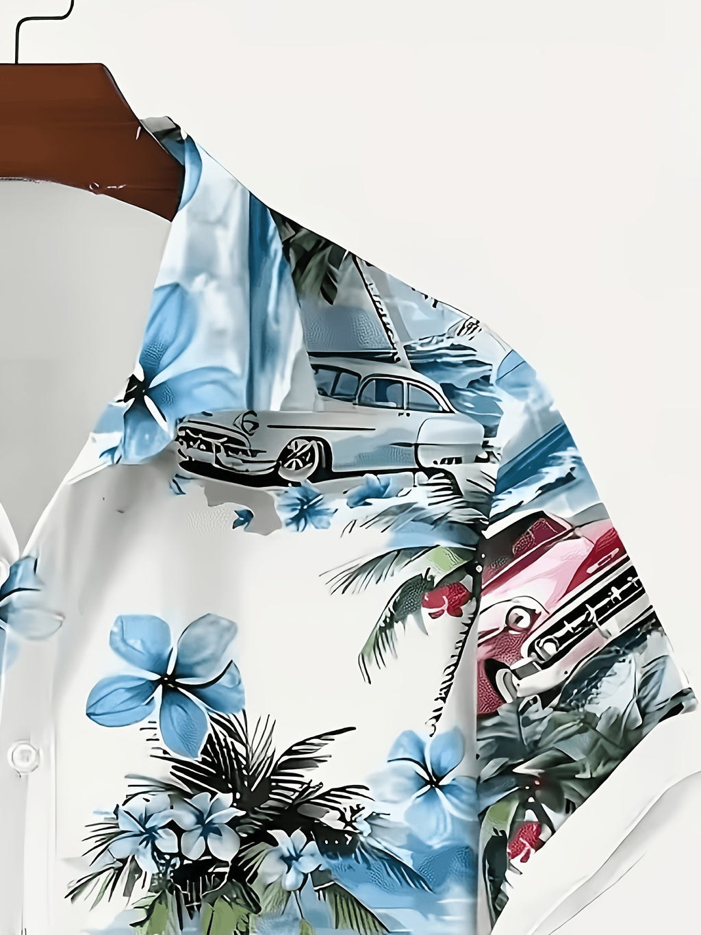 Men's Hawaiian Shirt with Tropical Print and Short Sleeves- Vintage Beach Style with Classic Car and Palm Tree Design, Button Collar, Lightweight Summer Vacation, Loose Summer Protection Pants| Hawaiian Buttons| Smooth Texture