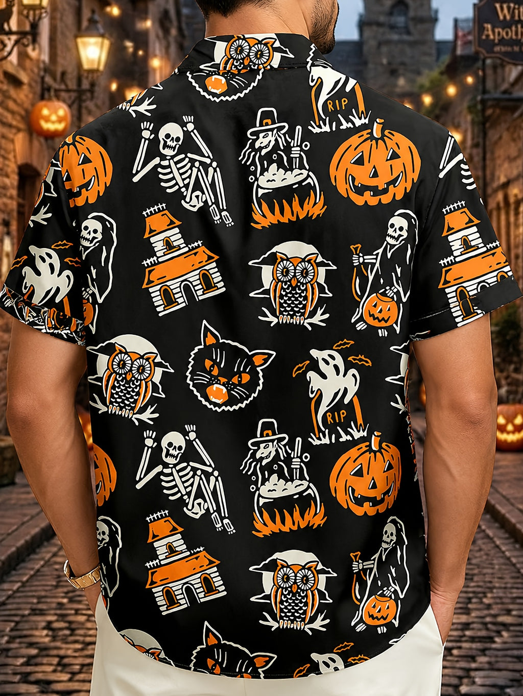 Halloween Pattern Print Men's Plus Size Holiday Short Sleeve Shirt, PLUS SIZE