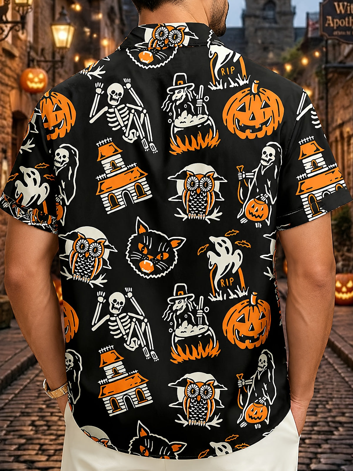 Halloween Pattern Print Men's Plus Size Holiday Short Sleeve Shirt, PLUS SIZE