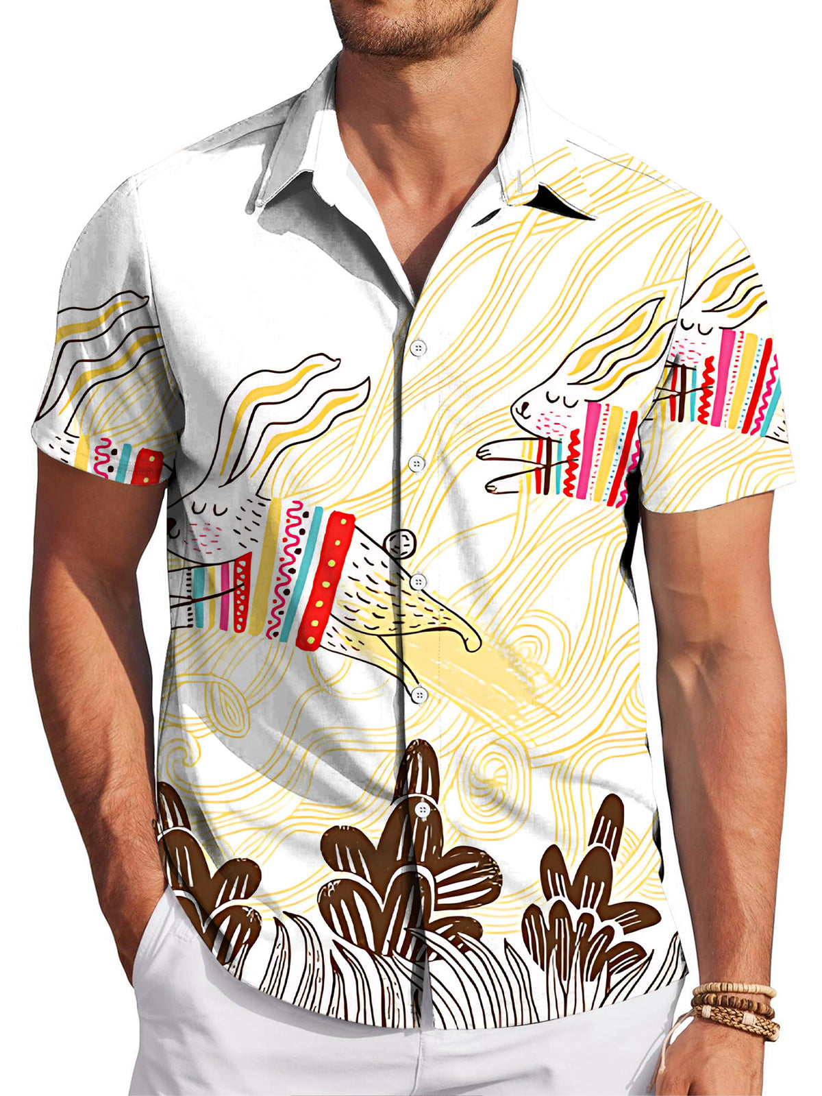 [Printed Design – Not Textured] Men's Casual Shirt, Standard Size Short Sleeve Shirt, Colorful Apparel with Running Rabbit Graphic, Stylish and Elegant Dopamine-Inducing Party Top, Trendy/Men's/Clothing/Streetwear/Summer/Apparel/Printed