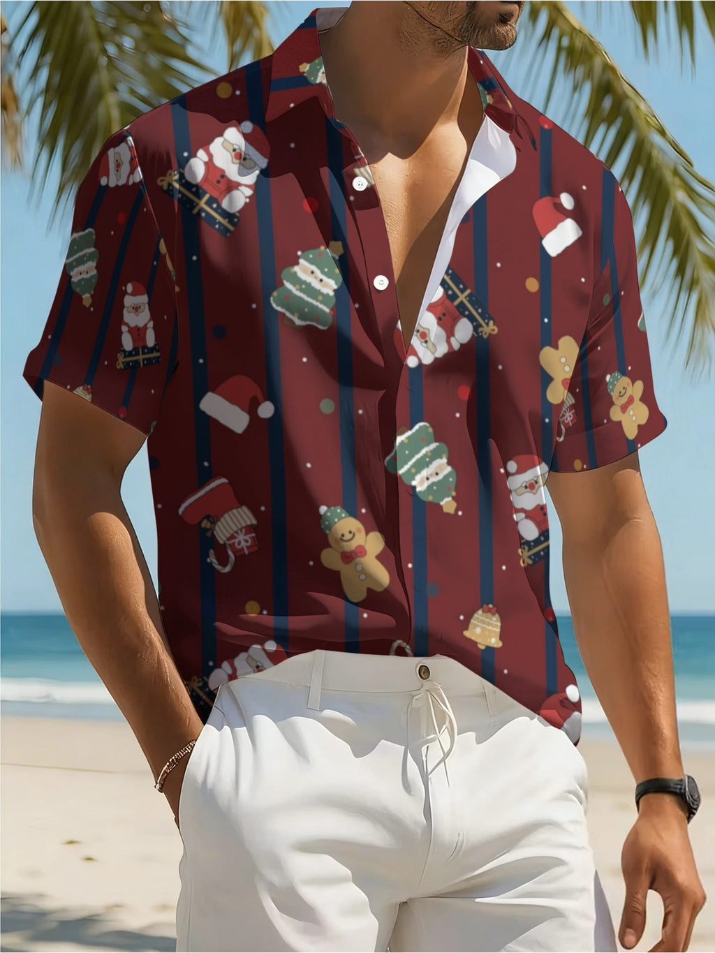 Men's Santa Claus, Christmas Tree, Gingerbread for Man Vertical Stripe Print Hawaiian Shirt, Christmas Short Sleeve Turn- Collar Shirt, Holiday Party Beach Vacation Casual Aloha Top, Top Choice for Christmas Gifts for Teenage Men