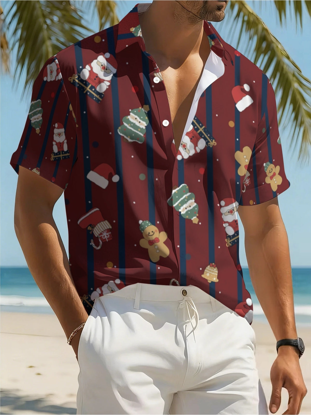 Men's Santa Claus, Christmas Tree, Gingerbread for Man Vertical Stripe Print Hawaiian Shirt, Christmas Short Sleeve Turn- Collar Shirt, Holiday Party Beach Vacation Casual Aloha Top, Top Choice for Christmas Gifts for Teenage Men