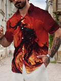 New Men's Casual Short-Sleeve Shirt: Raging Flames, Dark Demonic Dragon Perched on a Lava Peak. Versatile Holiday Party and Commuting Top. Machine-Washable Polyester Fiber Fabric. Button-Up Printed Shirt