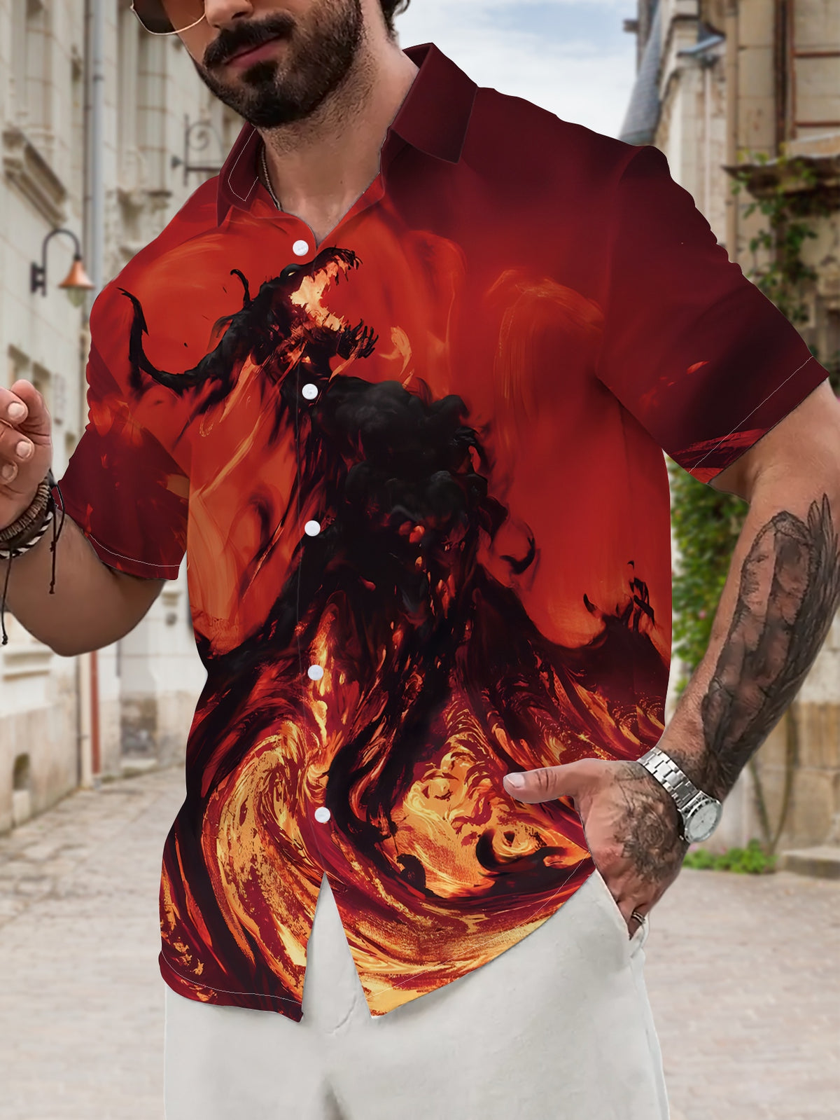 New Men's Casual Short-Sleeve Shirt: Raging Flames, Dark Demonic Dragon Perched on a Lava Peak. Versatile Holiday Party and Commuting Top. Machine-Washable Polyester Fiber Fabric. Button-Up Printed Shirt
