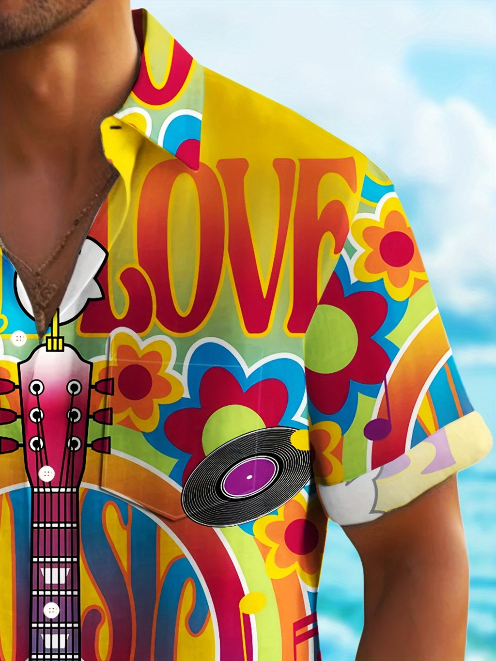 Men'S Plus Size Button Pocket Short Sleeve Aloha Shirt with Vintage Hippie Culture Music Print