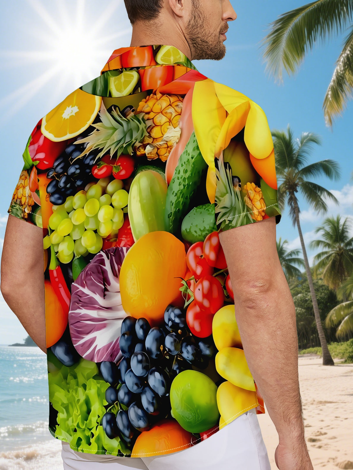 New Men'S Casual Short Sleeve Shirt, Fruit Pattern Print Top, Comfortable And Versatile Fashion Youth Trend Summer, Suitable for Summer Vacation And Daily Street Style Beach Party Shirt, Loose Comfortable Beach Shirt, Hawaiian Shirt Fashion Buttons