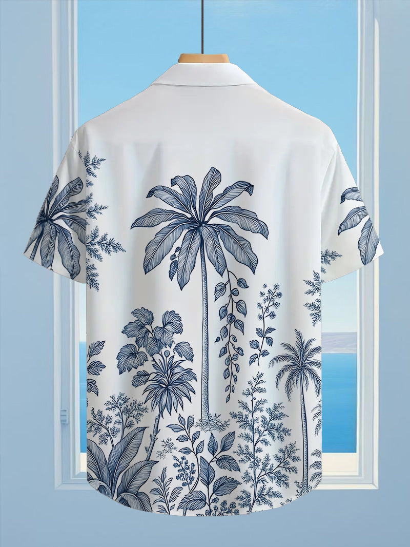 Men's Hawaiian Shirt with Full Palm Tree & Hawaiian Print - Short Sleeve Button-Up Loose Fit Casual Beachwear, Collar Button Front Shirt (Machine Washable Suitable for Summer, Vacation, Outdoor)