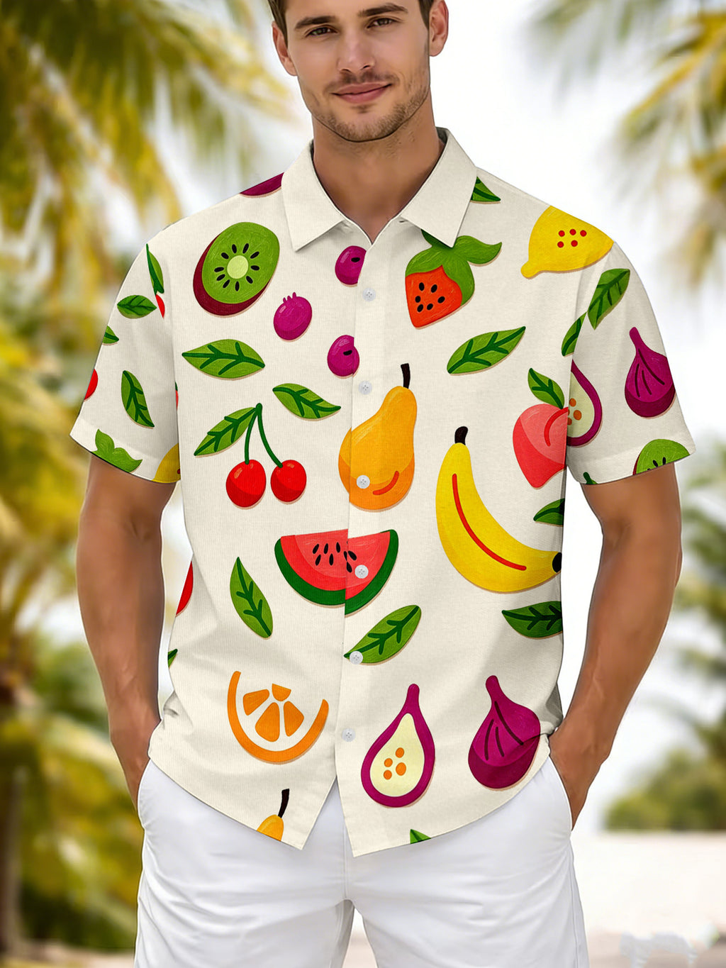 New Summer Men'S Casual Short Sleeve Shirt with Fruit Print, Fashionable Lapel Breathable Top for Daily Vacation And Beach Wear, All-Match Trendy Shirt, Loose Comfortable Beach Shirt, Hawaiian Shirt Fashion Button-Up
