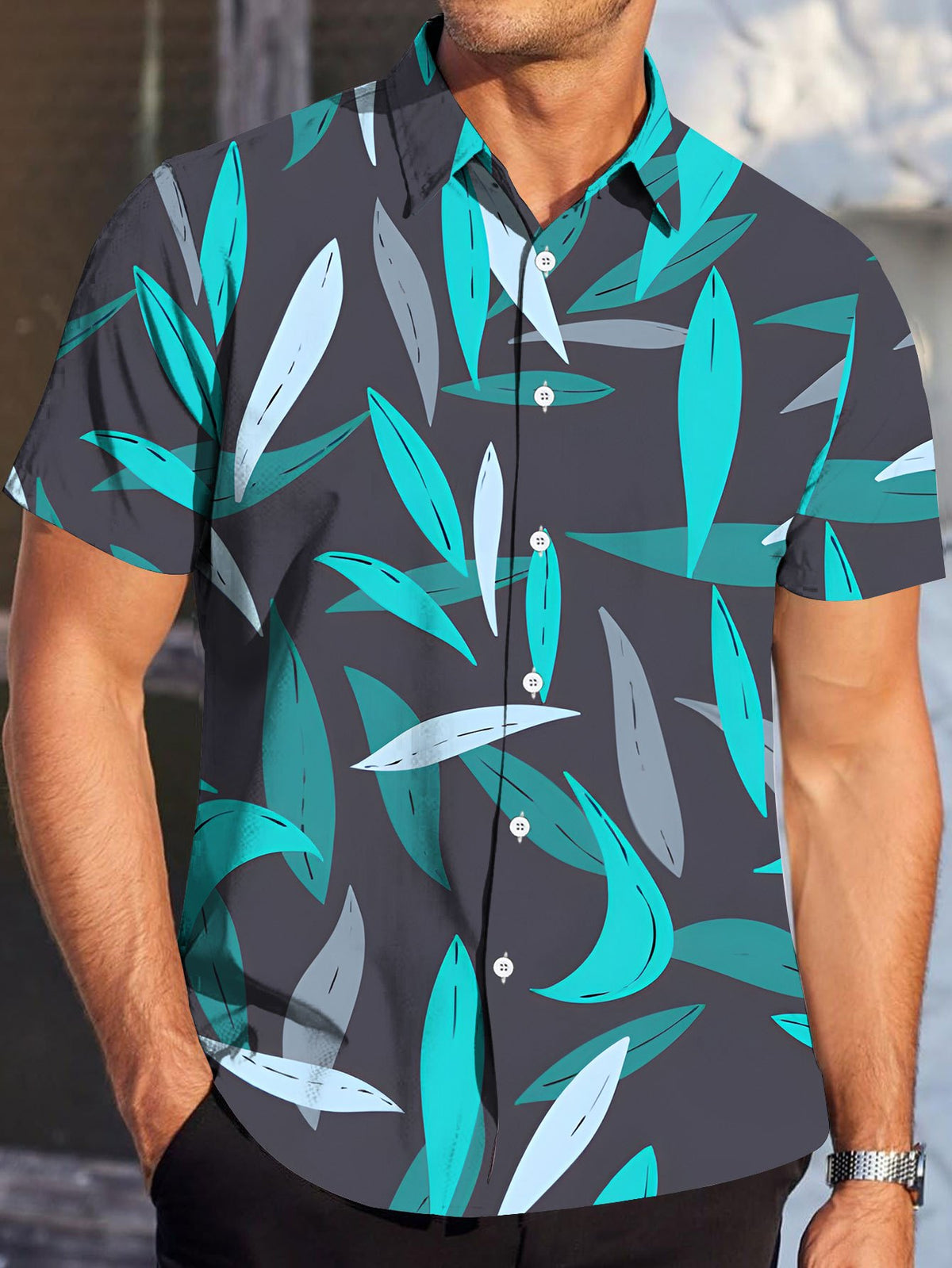 Men's Casual Short-sleeve Shirt with Leaf Pattern in Blue and Gray Color Scheme, Simple Style, Suitable for Beach and Summer Wear, Stylish and Versatile for Men's Casual Beach Outfits