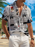 This New Men'S Casual Short-Sleeve Shirt Features a Stylish Black And White Newspaper Collage Design, Perfect for Holiday Gatherings And Commuting. Made from Machine-Washable Polyester Fabric, It Has a Button Print