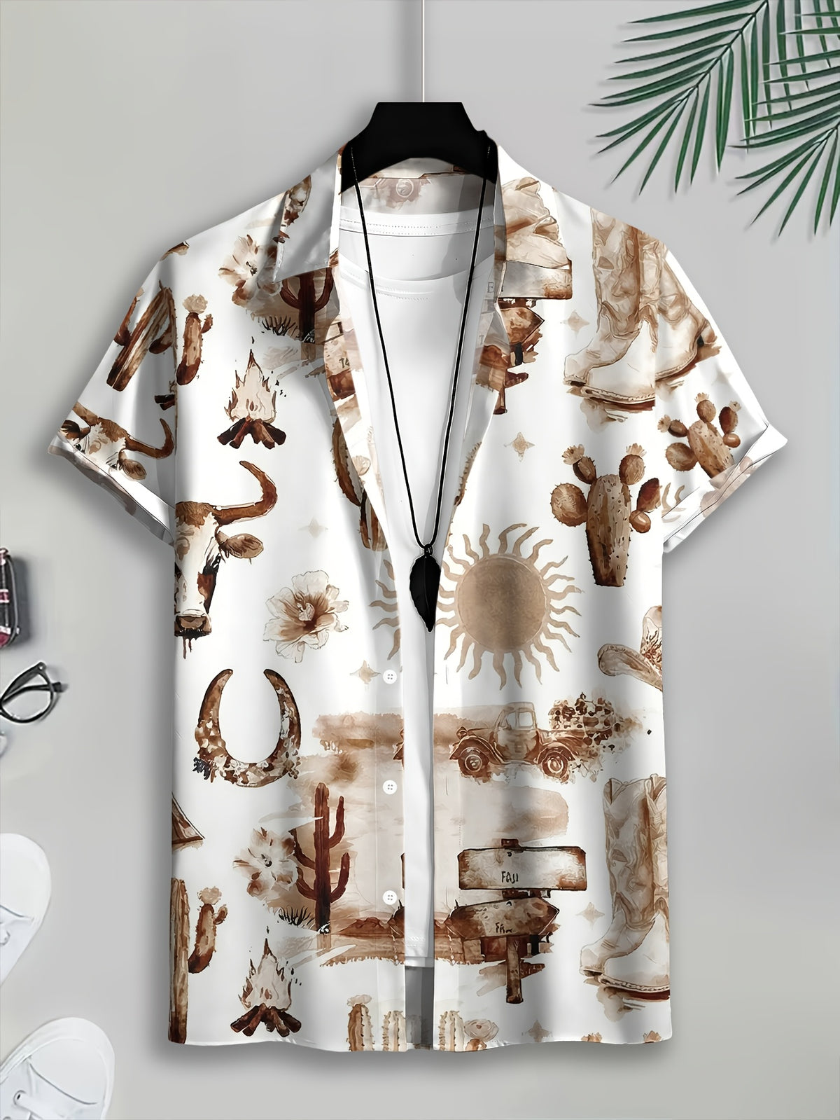 Men'S Hawaiian Style Short Sleeve Shirt Casual Vacation Printed Shirt Brown Cactus Pattern Casual Top