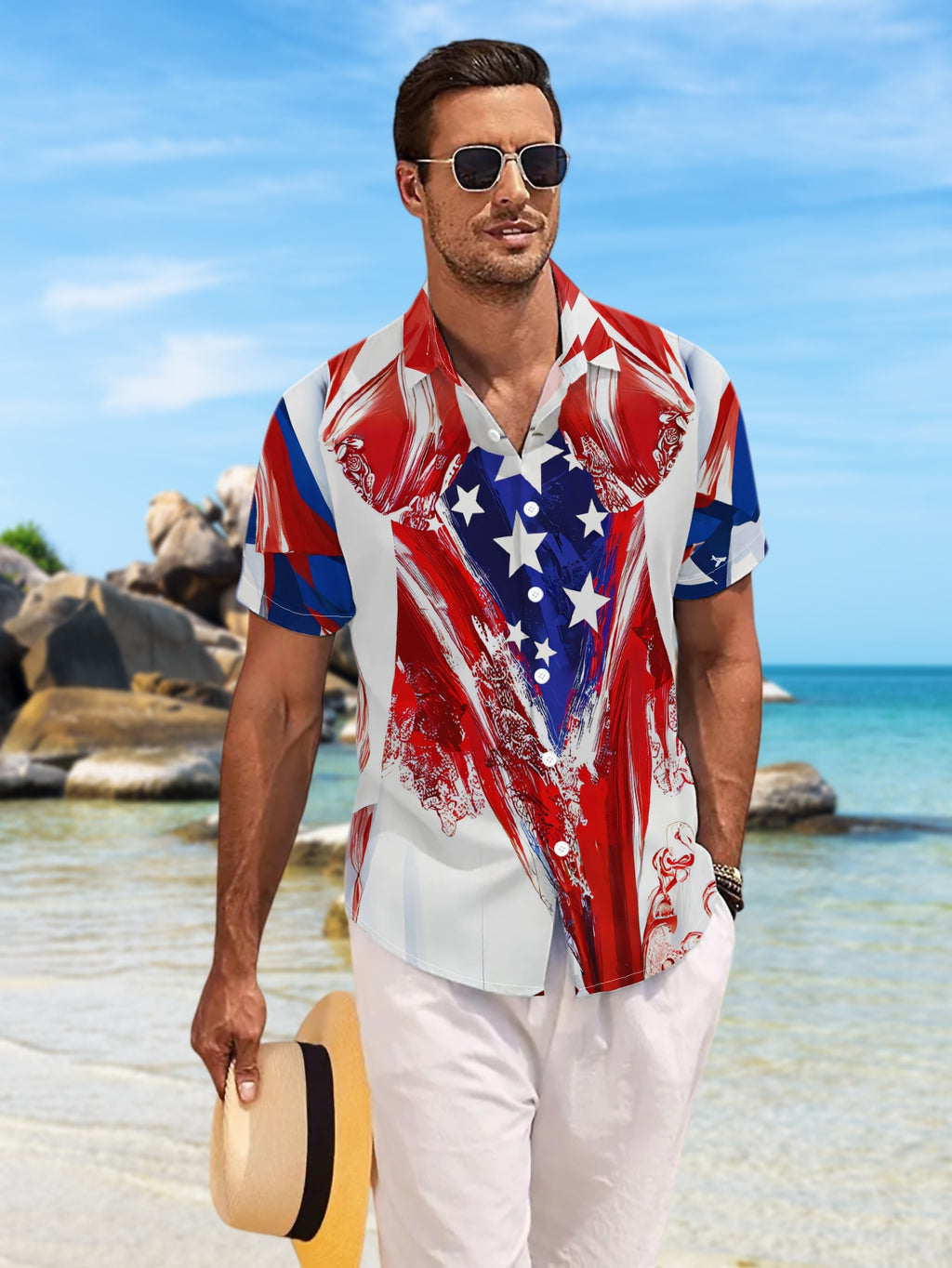 New Men's Casual Short-Sleeve Shirt with Red, Blue, and White Star Pattern, Bold Abstract Style, Versatile for Holiday Parties and Commuting, Polyester Fabric, Machine Washable, Button-Up Printed Shirt