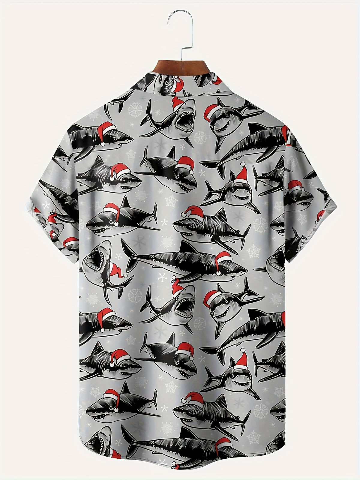 Men'S Funny Christmas Shark Print Short-Sleeve Shirt Featuring a Design with a Santa Hat And Shark Teeth - Red And Black Ocean Theme, Buttoned Collar, - Machine Washable Summer And Christmas Party Attire, Suitable for Beach, Office