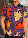 Men'S Halloween Pattern Short Sleeve Shirt - Vibrant Ghost And Autumn Leaves Print, Non-Stretch Fabric, Regular Fit, Casual Summer Style, Halloween Apparel | Playful Print | Short Sleeve Shirt