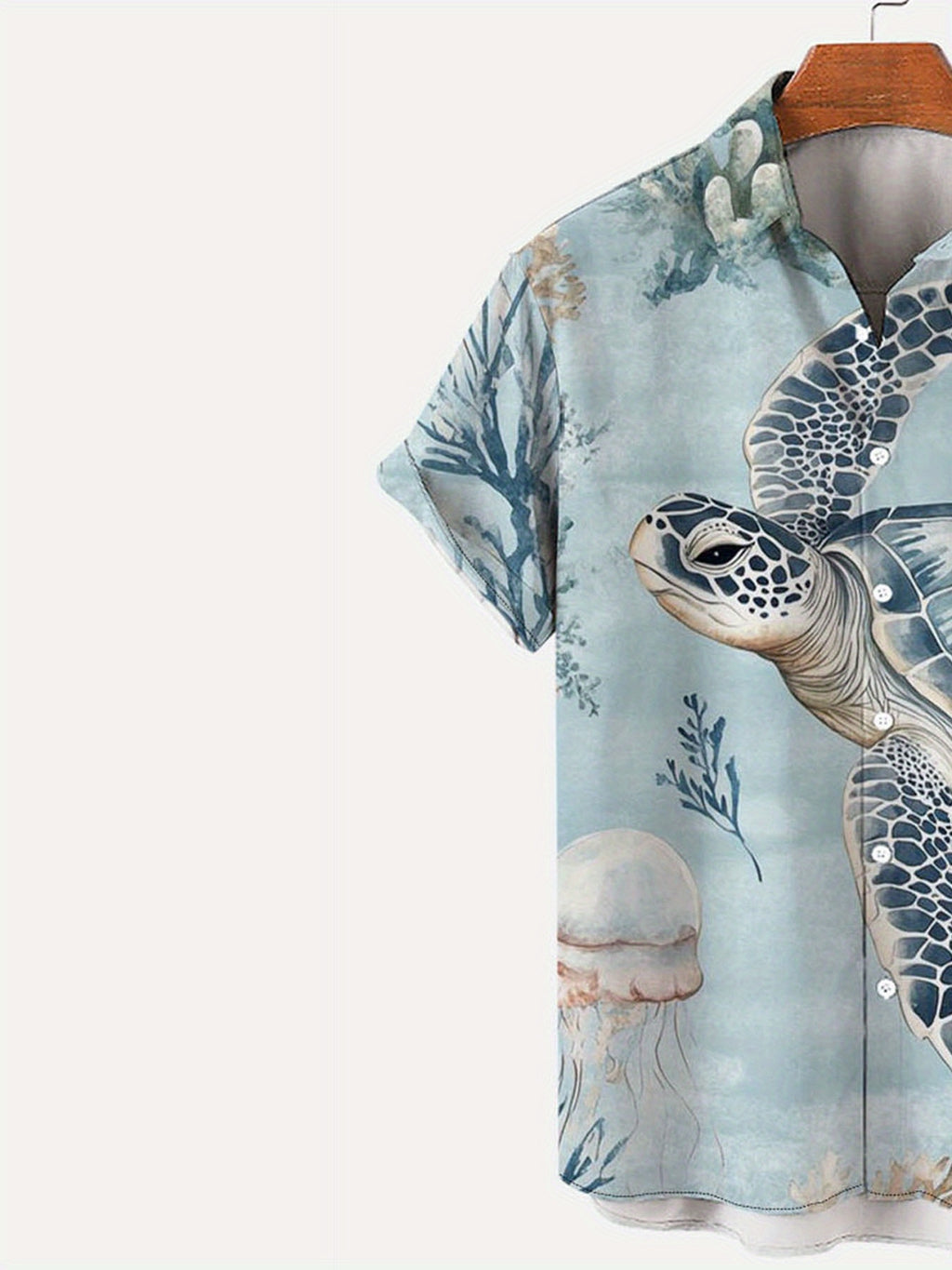 Men's Simple Hawaiian Jellyfish and Turtle Pattern Printed Button Shirt- Lightweight Polyester Fiber, Summer Vacation and Holiday Clothing
