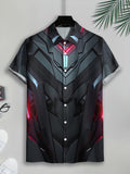 Futuristic Cyberpunk Men'S Casual Shirt, Print Black And Red Armor Design, Summer Neon Light Accents