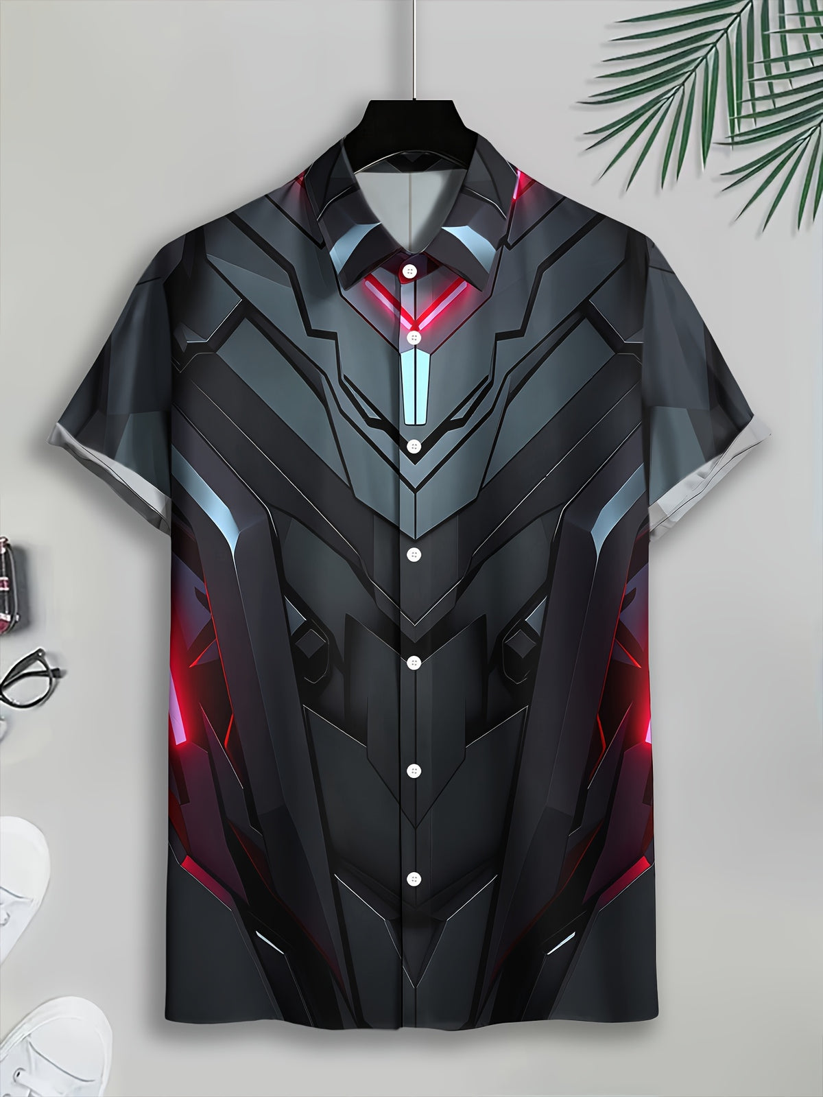Futuristic Cyberpunk Men'S Casual Shirt, Print Black And Red Armor Design, Summer Neon Light Accents