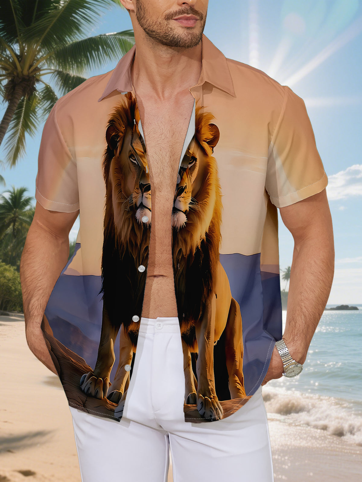 New Men'S Casual Short Sleeve Shirt Lion Resting on Stone Peak at Sunset Distant Mountains Reveal Regal Bearing Holiday Party Commuting Versatile Casual Top, Machine Washable Button-Up Shirt