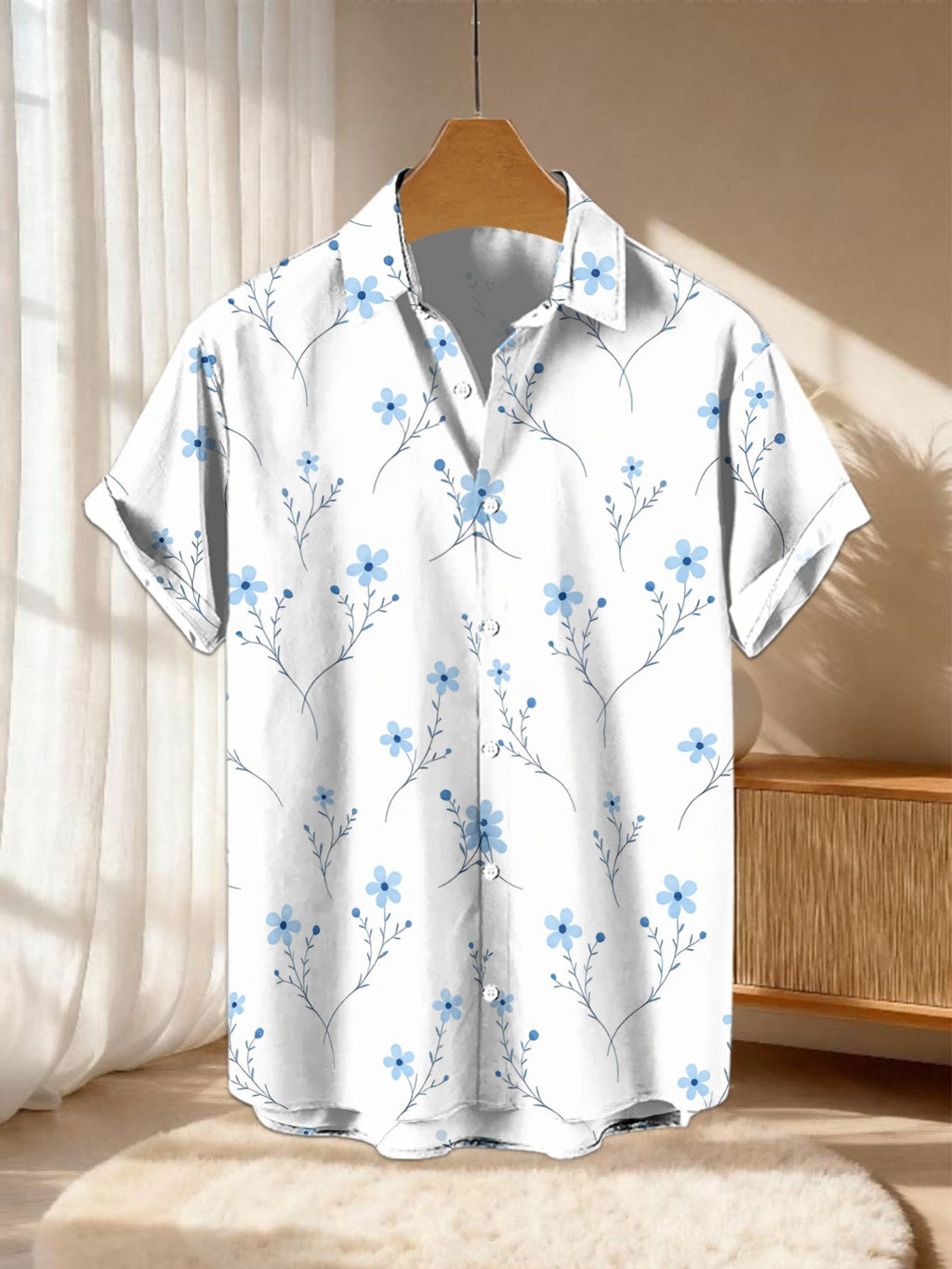 New Men'S Casual Short Sleeve Shirt, Light Blue Small Floral Vine Pattern on White Background, Festive Gathering Commute All-Match, Polyester Fabric Machine Washable, Lightweight Summer, Suitable for Casual Wear Outdoor Activities And Daily Dressing