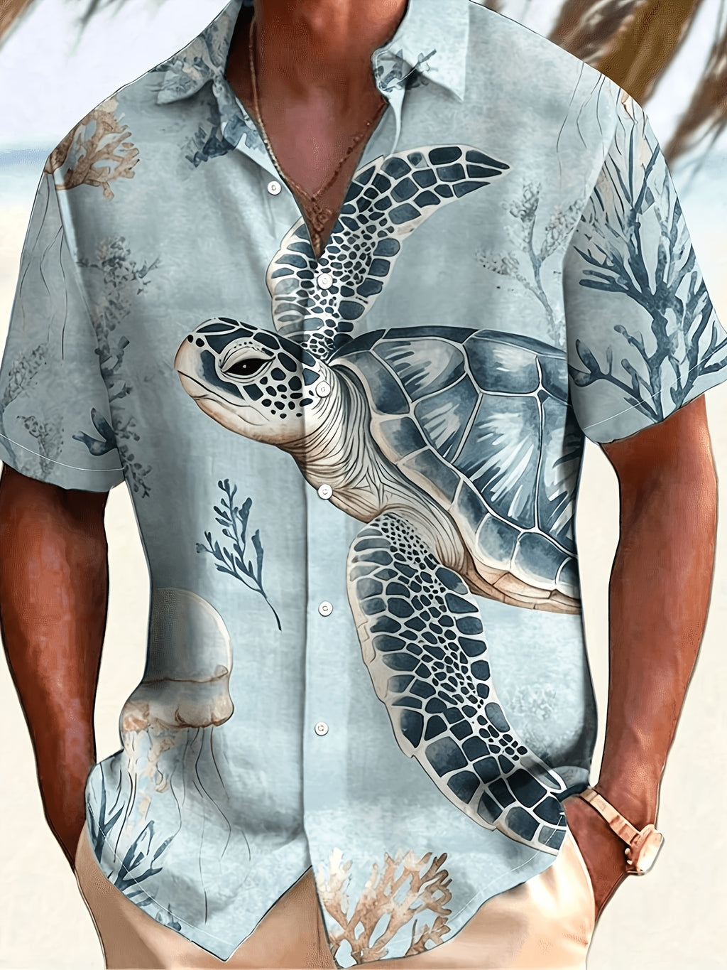 New Men's Simple Hawaiian Jellyfish and Sea Turtle Print Button- Shirt - Lightweight, Summer Vacation and Resort Wear. Suitable for Daily Commutes, Casual Outings, Date Meetings, Friend Gatherings, and Shopping. Easily Handles All Scenarios and Meets