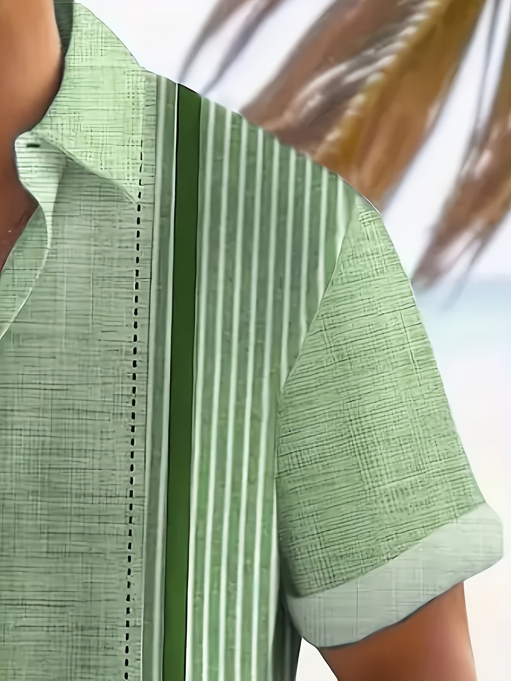 Men's Summer Mint Green Striped Patchwork Short-Sleeve Shirt, Breathable and Fresh, Casual Vacation Style