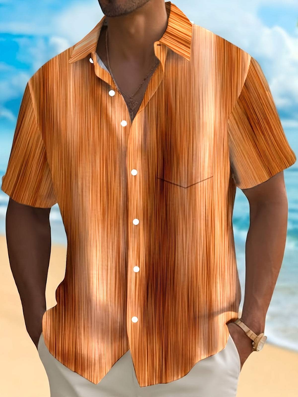 Vintage Gradient Stripe Texture Men's Button Pocket Shirt, PLUS SIZE