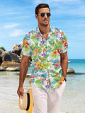 New Men's Casual Short-Sleeve Shirt with Tropical Flower, Fruit, and Leaf Clusters, Full of Vibrant Southeast Asian Style, Versatile for Holiday Parties and Commuting, Machine-Washable Fabric, Button-Up Printed Shirt