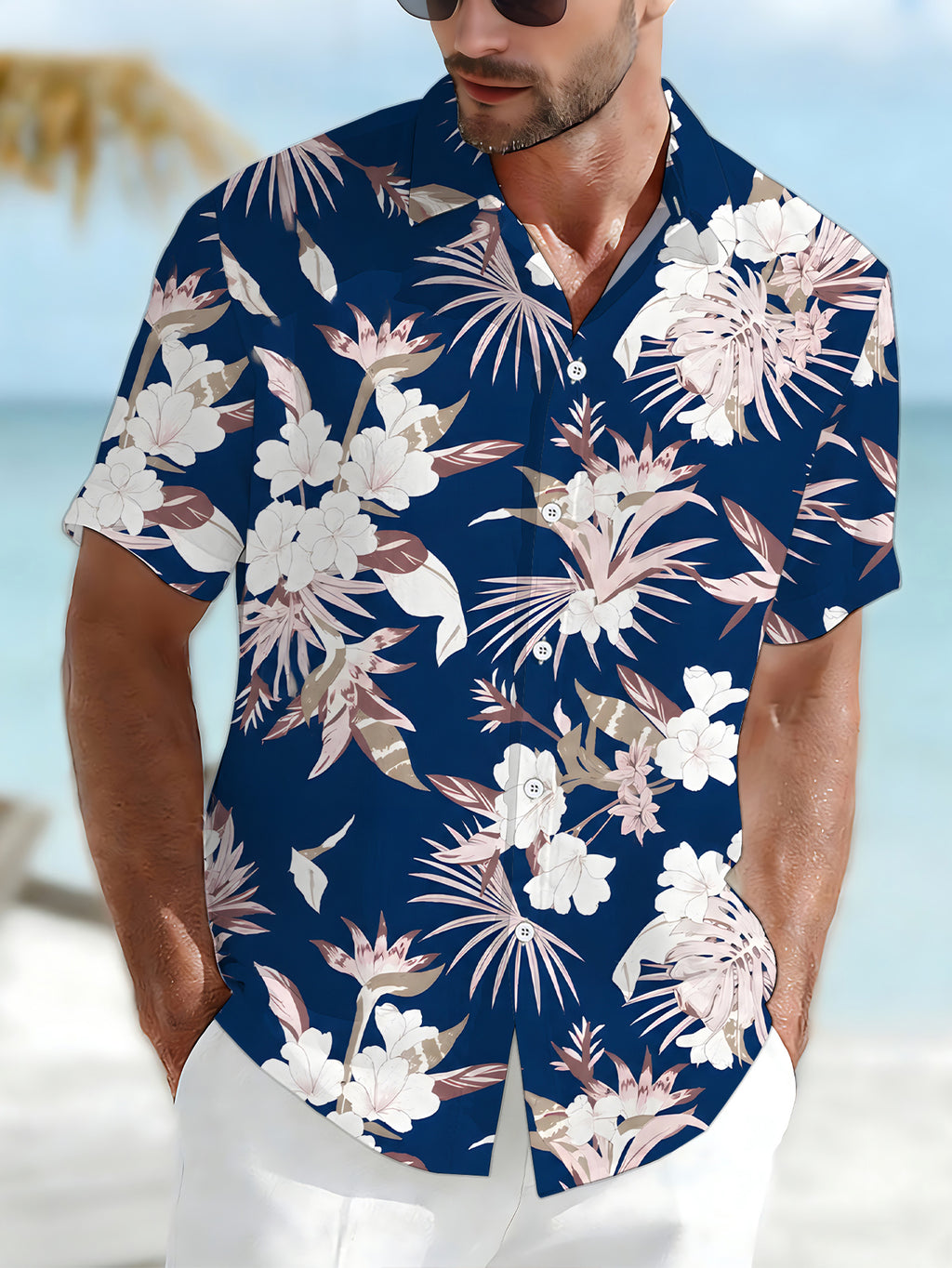 [Print Design – Not Texture] Casual Shirt Men'S Digital Printing Label Short-Sleeved Shirt Dark Blue Background Floral Plant Pattern Fashionable And Atmospheric Dopamine Party Top Print/Men'S/Clothing/Clothes/Summer/Trend/Streetwear