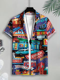 Retro American Style Men's Casual Shirt, Colorful Prints, Blue Background, Route 66, Motorcycle, Restaurant, Car, Signboard, Text Theme, Summer, Lively Street Scene, Fashionable Casual Short-sleeve Shirt, Travel