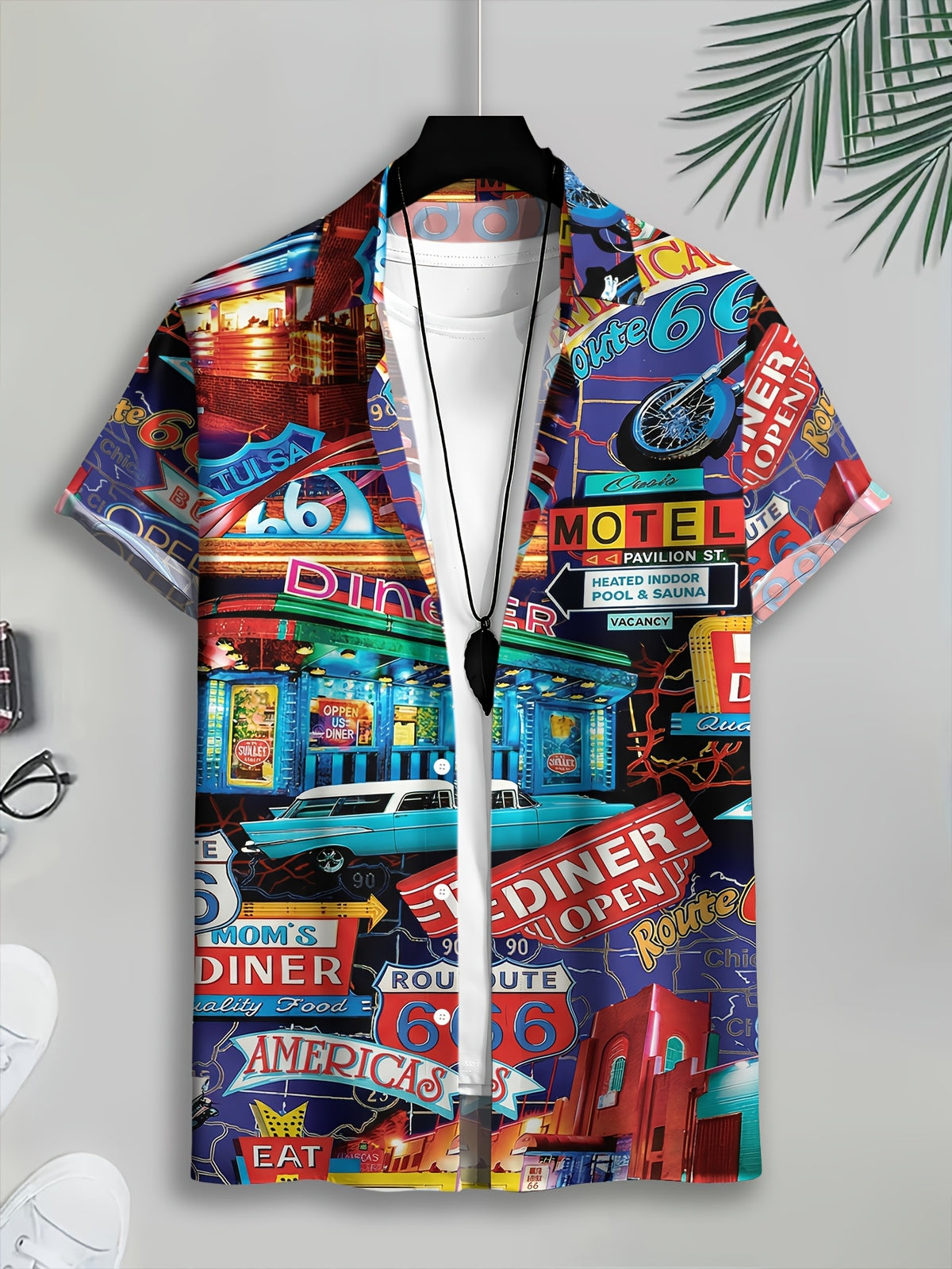 Retro American Style Men's Casual Shirt, Colorful Prints, Blue Background, Route 66, Motorcycle, Restaurant, Car, Signboard, Text Theme, Summer, Lively Street Scene, Fashionable Casual Short-sleeve Shirt, Travel