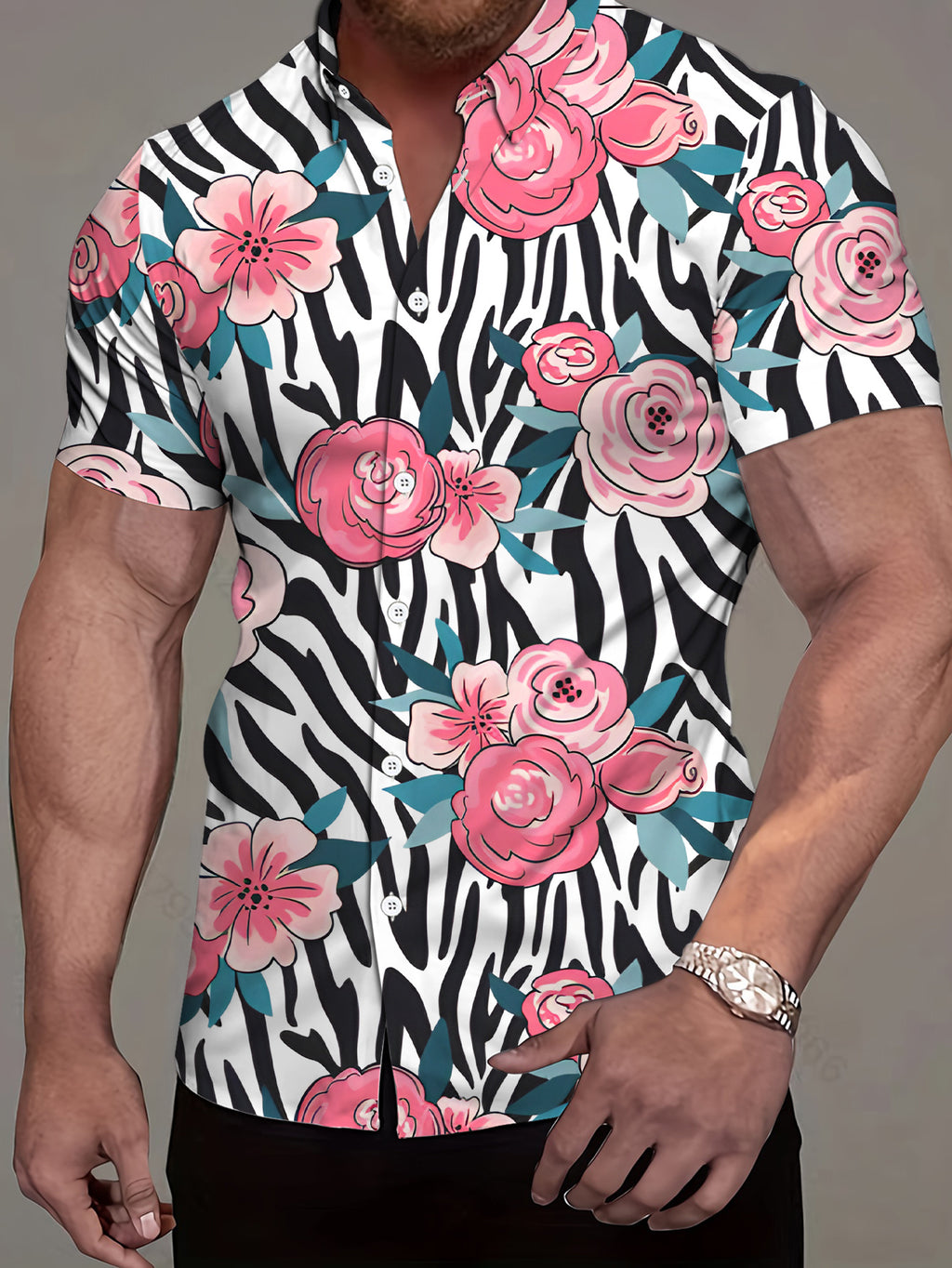 Men's Casual Short-Sleeve Shirt with Digital Print, Zebra Stripe and Pink Floral Pattern, Stylish and Elegant Apparel / Men's / Clothing / Streetwear / Printed / Trendy / Summer