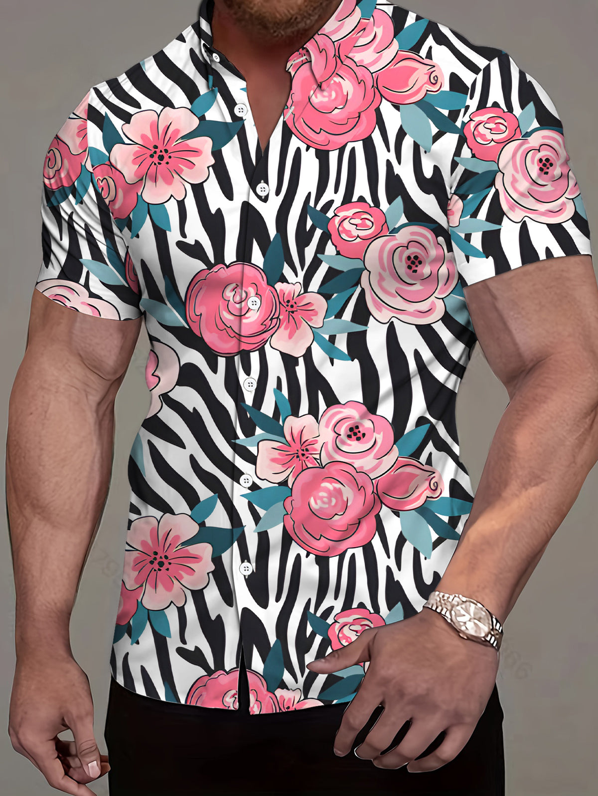 Men's Casual Short-Sleeve Shirt with Digital Print, Zebra Stripe and Pink Floral Pattern, Stylish and Elegant Apparel / Men's / Clothing / Streetwear / Printed / Trendy / Summer