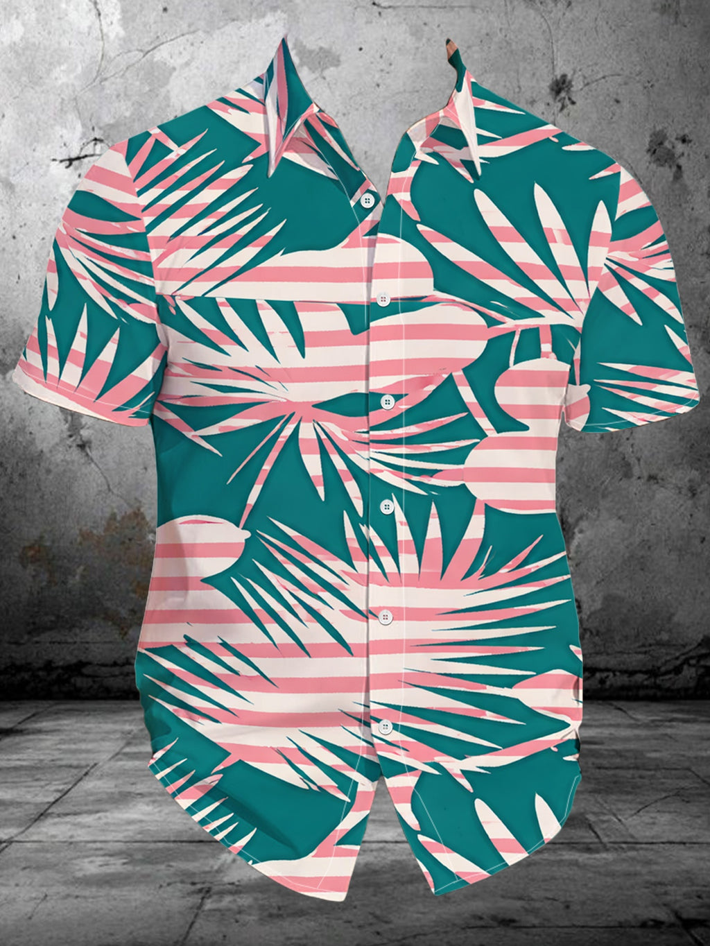 Men's Summer Digital Print Short Sleeve Shirt Fashionable Casual Vacation Style Plant Leaf Print Turn- Collar Cardigan Top