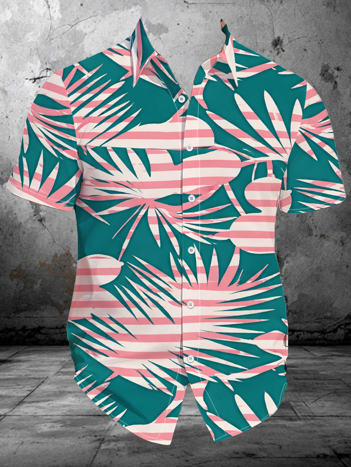 Men's Summer Digital Print Short Sleeve Shirt Fashionable Casual Vacation Style Plant Leaf Print Turn- Collar Cardigan Top