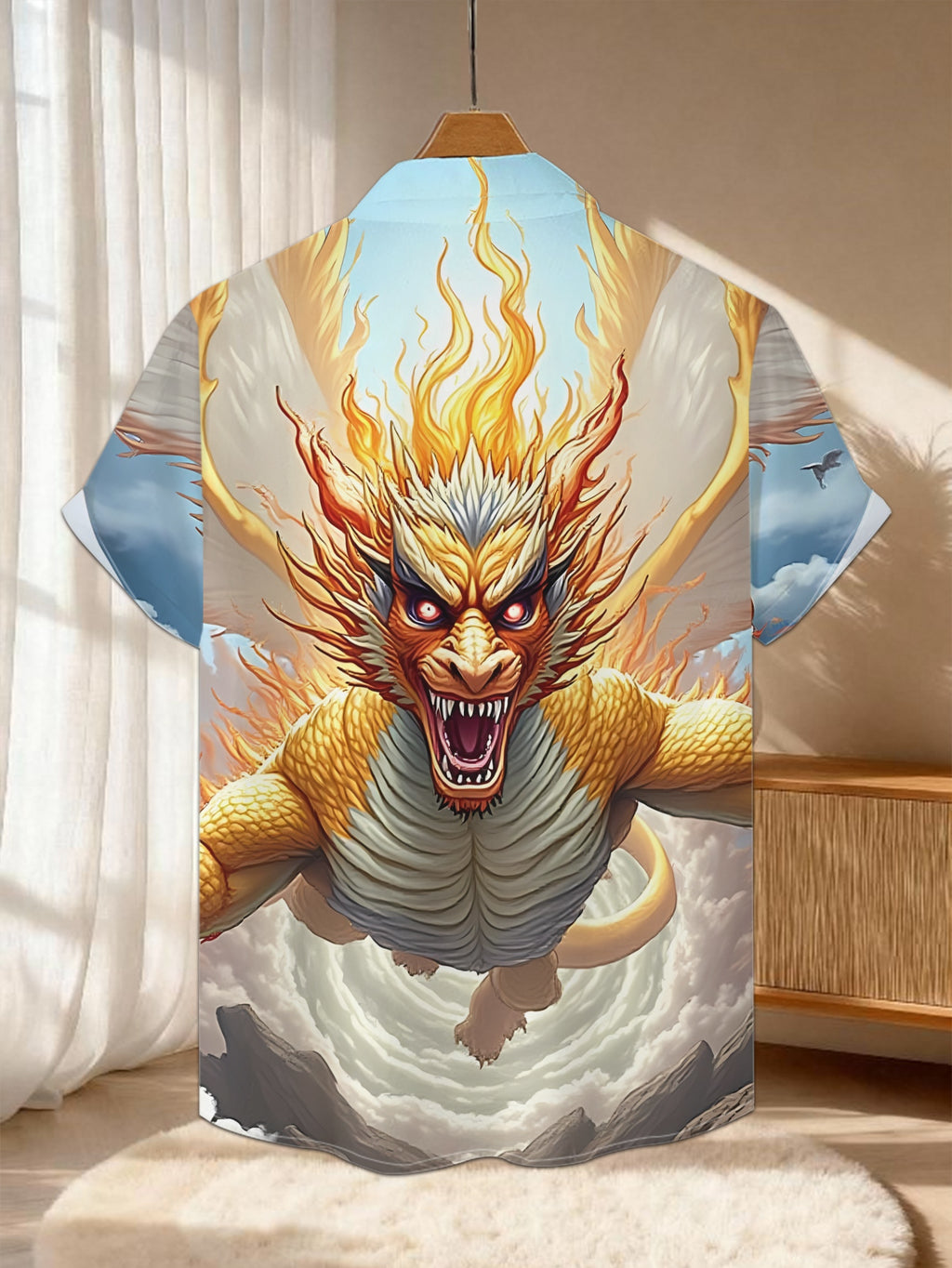 This New Men'S Casual Short-Sleeve Shirt Features a Fiery Winged Beast Design, Perfect for Festive Gatherings And Commuting. Made from Machine-Washable Polyester Fabric, It Has a Button-Up Print Style