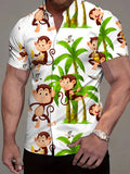 Men'S Tropical Monkey And Palm Tree Print Shirt - Hawaiian Style Short Sleeve Beach Shirt, Lightweight Non-Stretch Fabric Suitable for Summer Vacation, Parties, Casual Wear - Easy Care Button-Up Collar Design, Hawaiian Style Top, Fun Pattern