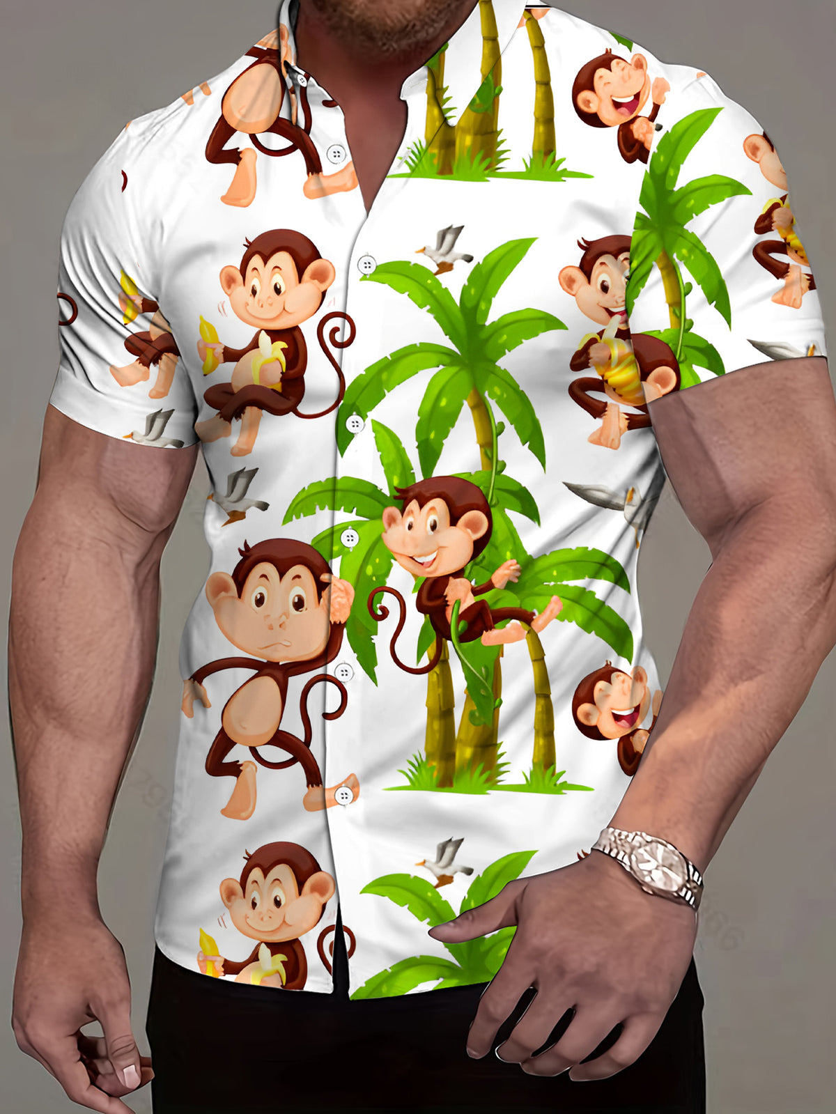 Men'S Tropical Monkey And Palm Tree Print Shirt - Hawaiian Style Short Sleeve Beach Shirt, Lightweight Non-Stretch Fabric Suitable for Summer Vacation, Parties, Casual Wear - Easy Care Button-Up Collar Design, Hawaiian Style Top, Fun Pattern