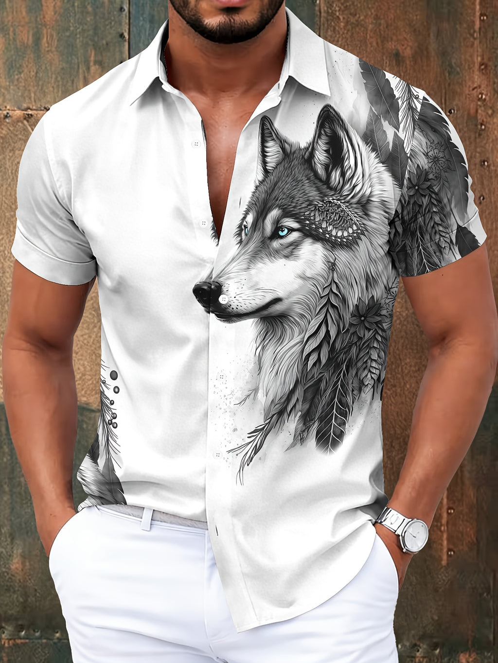 Casual Style Men'S Casual Shirt, Printed White Wolf And Feather Pattern Summer Detailed Animal Design