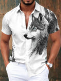 Casual Style Men'S Casual Shirt, Printed White Wolf And Feather Pattern Summer Detailed Animal Design
