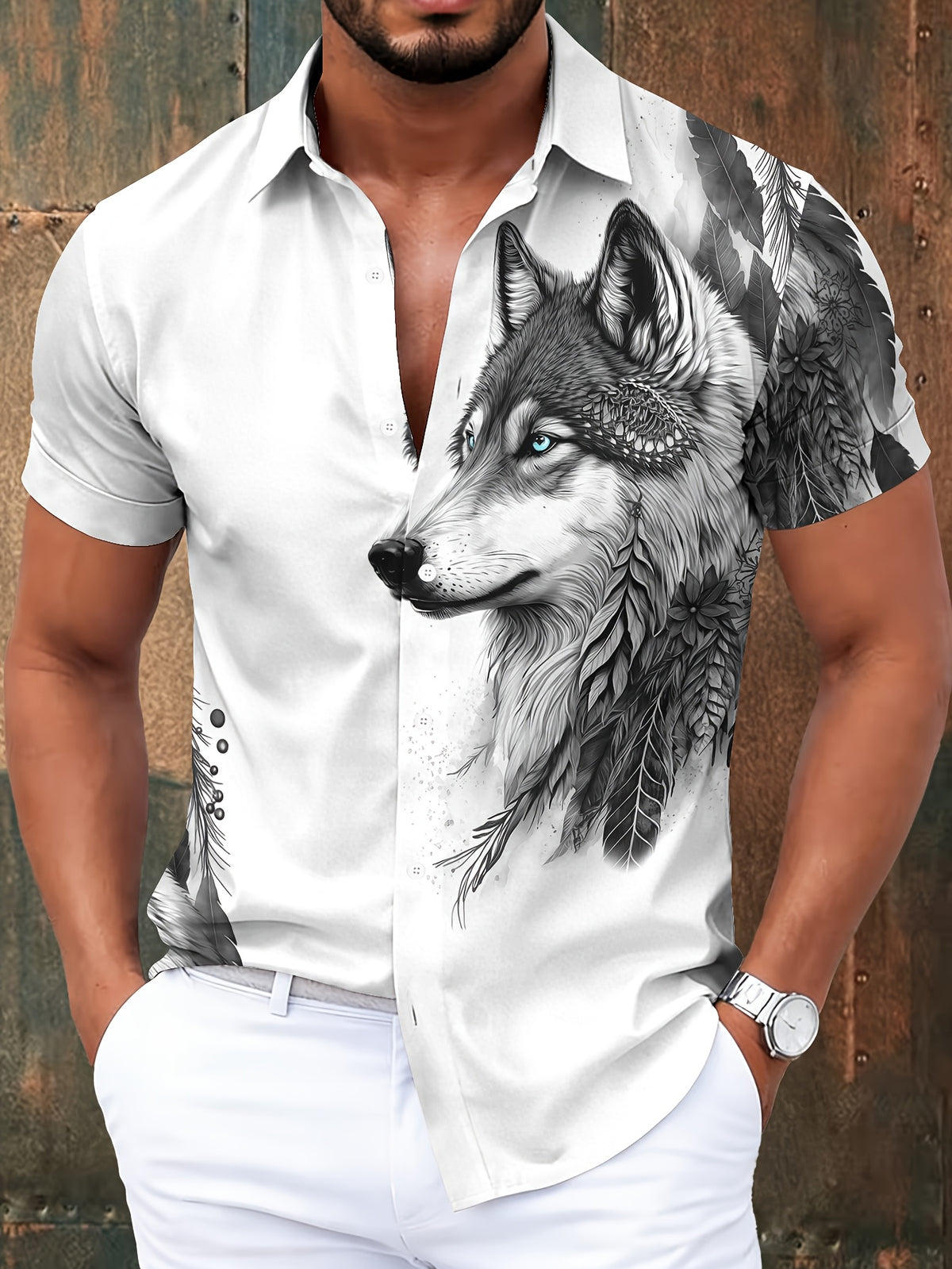 Casual Style Men'S Casual Shirt, Printed White Wolf And Feather Pattern Summer Detailed Animal Design