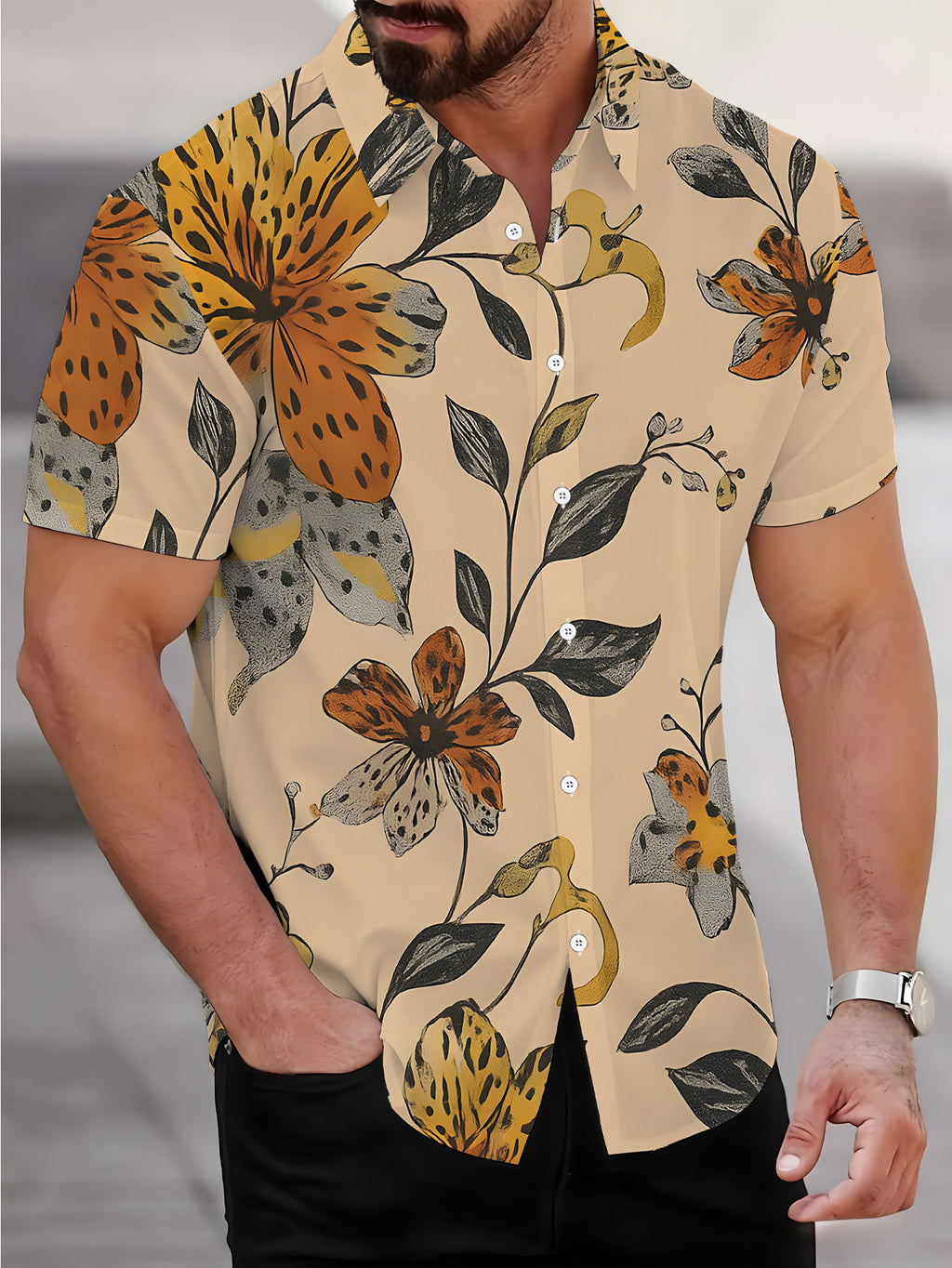 Men's Short-Sleeve Shirt, Floral Pattern, Printed Design, Short Sleeves, Multicolored Flowers, Cool Men's Shirt, Warm Beige Base, Men's Casual Short-Sleeve Shirt, Summer Style
