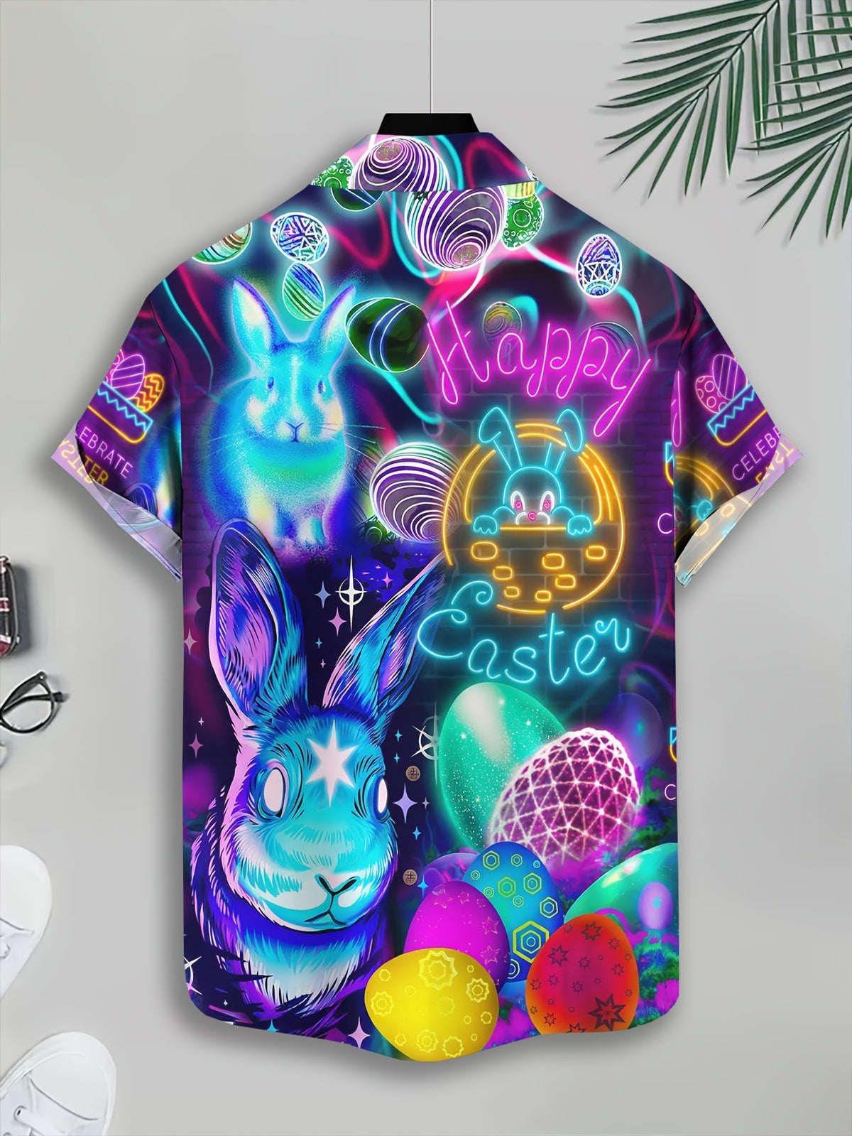Hawaiian Style Men'S Casual Shirt, Printed Multicolor Easter Bunny And Eggs Design, Spring Neon Glow Effect