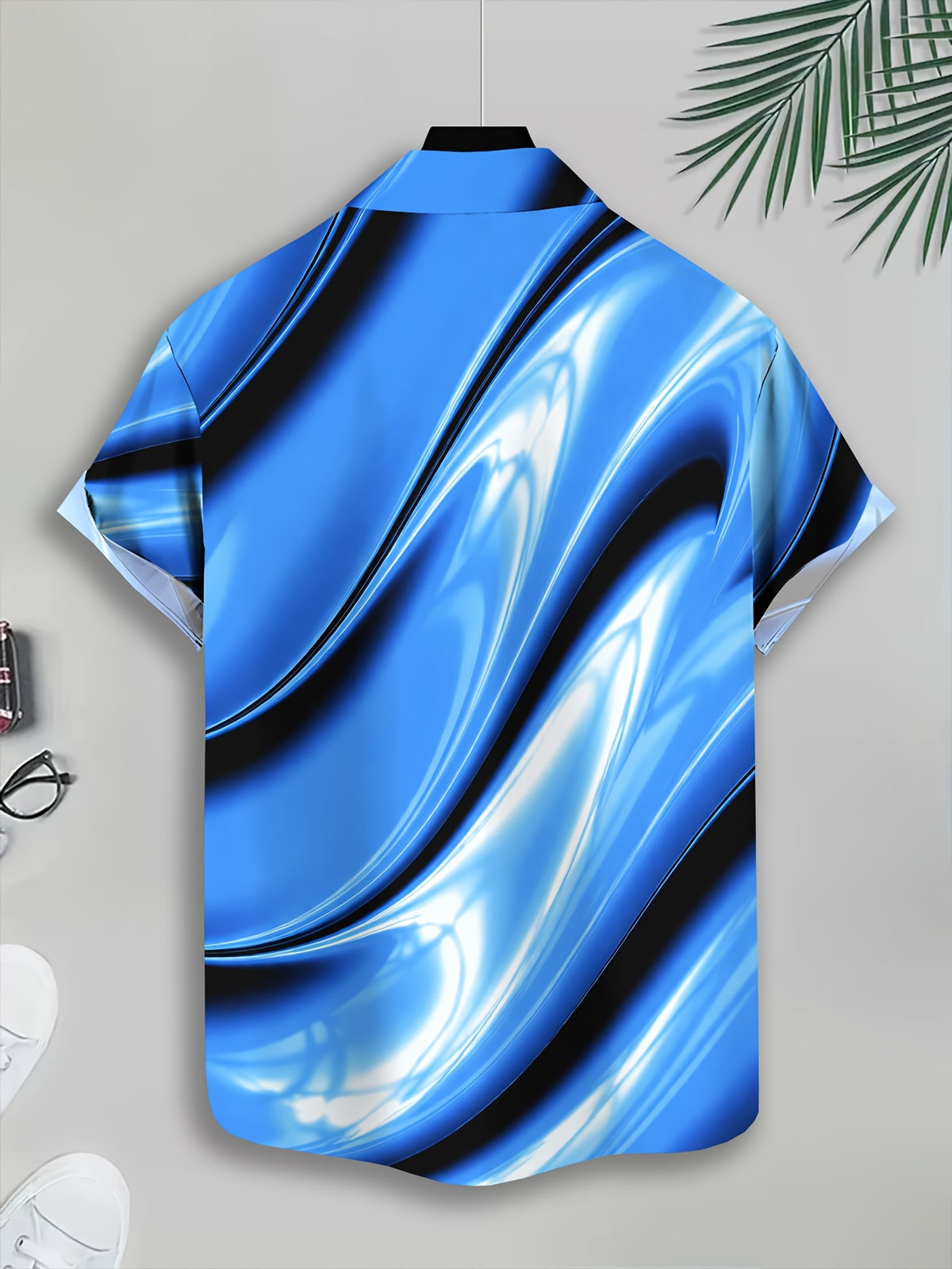 Men'S Casual Shirt, Printed Blue Abstract Wave Pattern Summer Vibrant Design