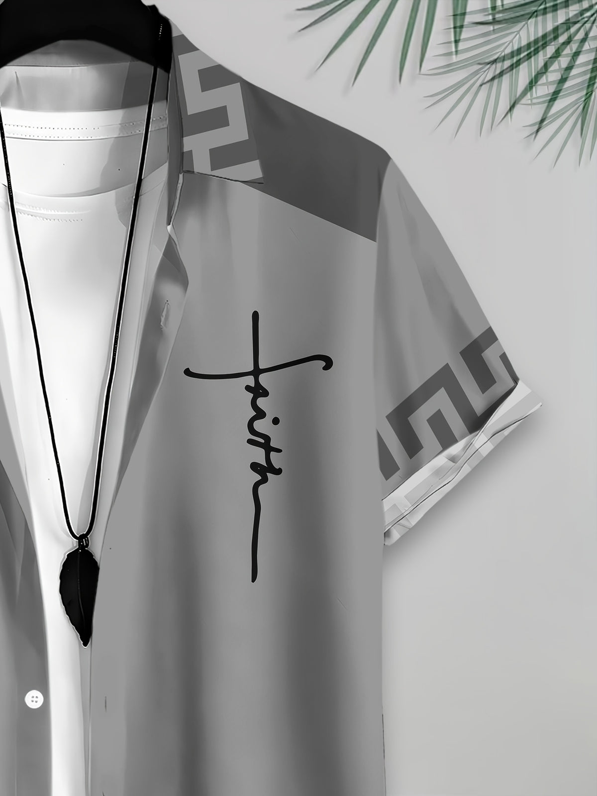 Simple and Stylish Men's Casual Shirt with Printed Gray Cross Text Pattern, Summer Trendy Design Short-sleeve Shirt