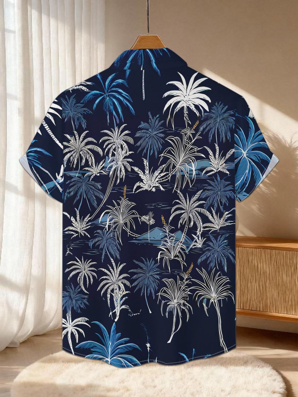 New Men'S Casual Short Sleeve Shirt, Night Blue Base with White And Blue Palm Trees, Sparse And Dense Random Distribution, Festive Gathering Commute Versatile, Fabric Machine Washable, Button Print Shirt