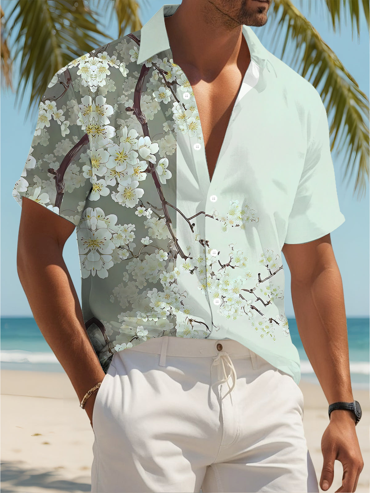 Men's Casual Floral Print Shirt with Cherry Blossom Design for Summer